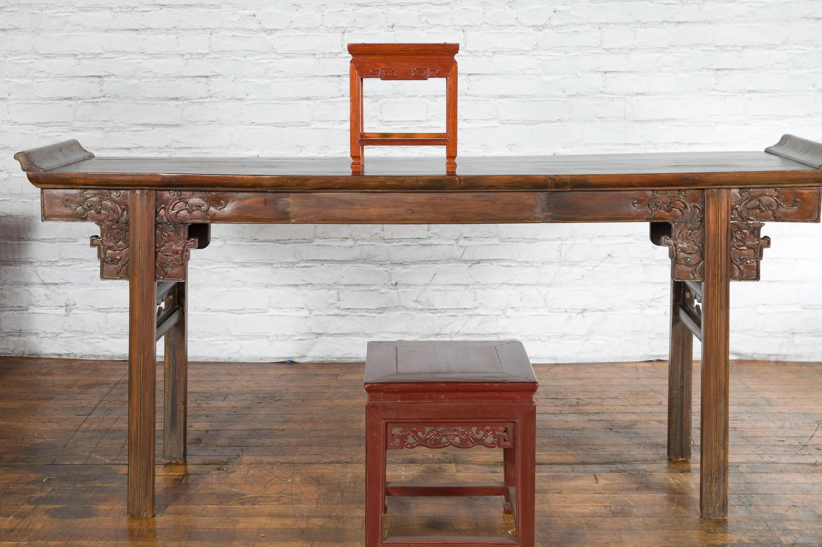 Chinese Vintage Small Stool with Scroll-Carved Apron and Side Stretchers - 6