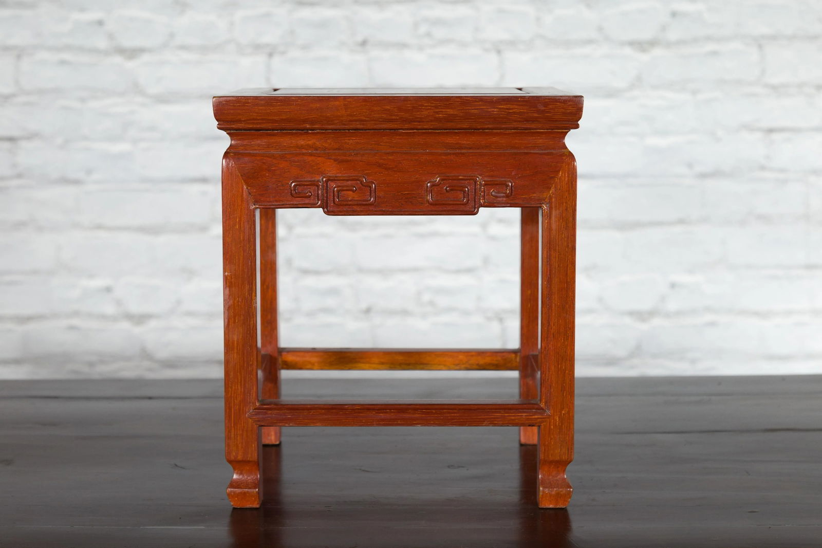 Chinese Vintage Small Stool with Scroll-Carved Apron and Side Stretchers - 7