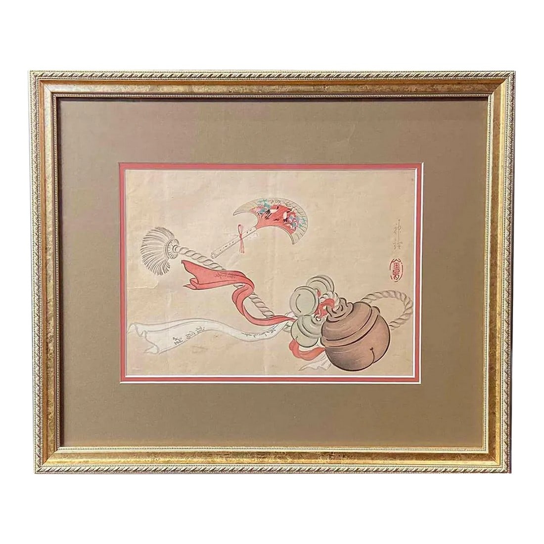19th Century Japanese Woodblock Print Depicting a Ceremonial Tassel and Fan: An antique Japanese woodblock print from the 19th century depicting a ceremonial tassel. Created in Japan during the 19th century, this woodblock print attracts our attention with its depiction of