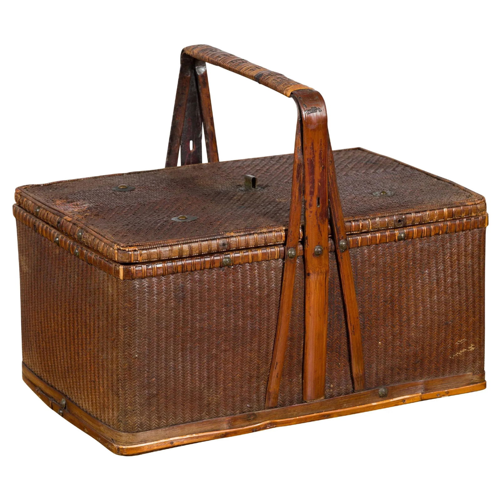 Chinese Early 20th Century Rattan Lunch Box with Tripartite Bamboo Handle - 13