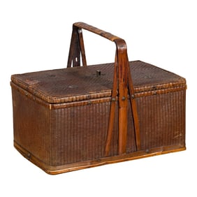 Chinese Early 20th Century Rattan Lunch Box with Tripartite Bamboo Handle