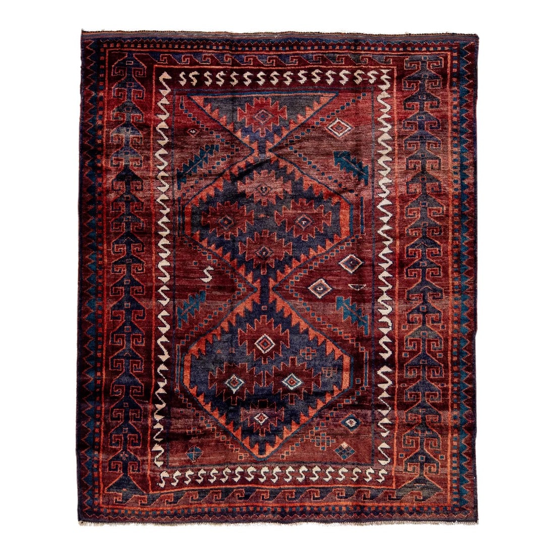 Vintage Handmade Persian Red Geometric Wool Rug 5'9" X 6'10": Beautiful Vintage Persian hand-knotted Wool rug with the red field. This Persian rug has a multicolor accents in all over geometric design. This rug measures: 5'9" X 6'10" . Condition: