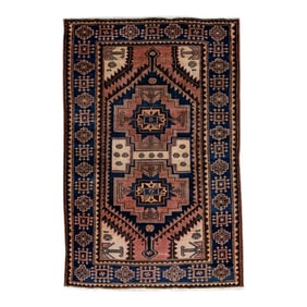 Vintage Handmade Persian Ivory Geometric Wool Rug 4'3" X 6'3"