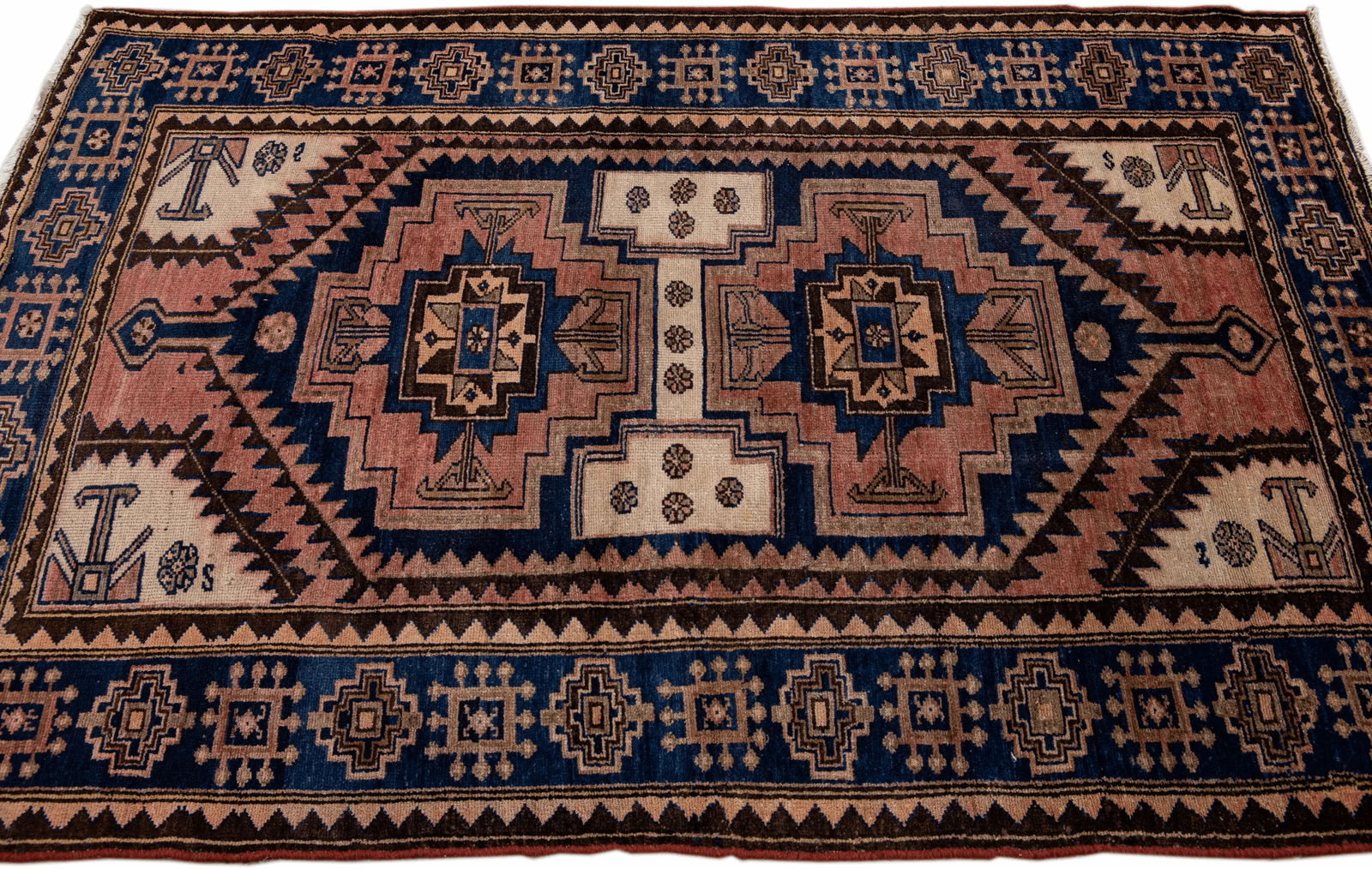 Vintage Handmade Persian Ivory Geometric Wool Rug 4'3" X 6'3" - 5