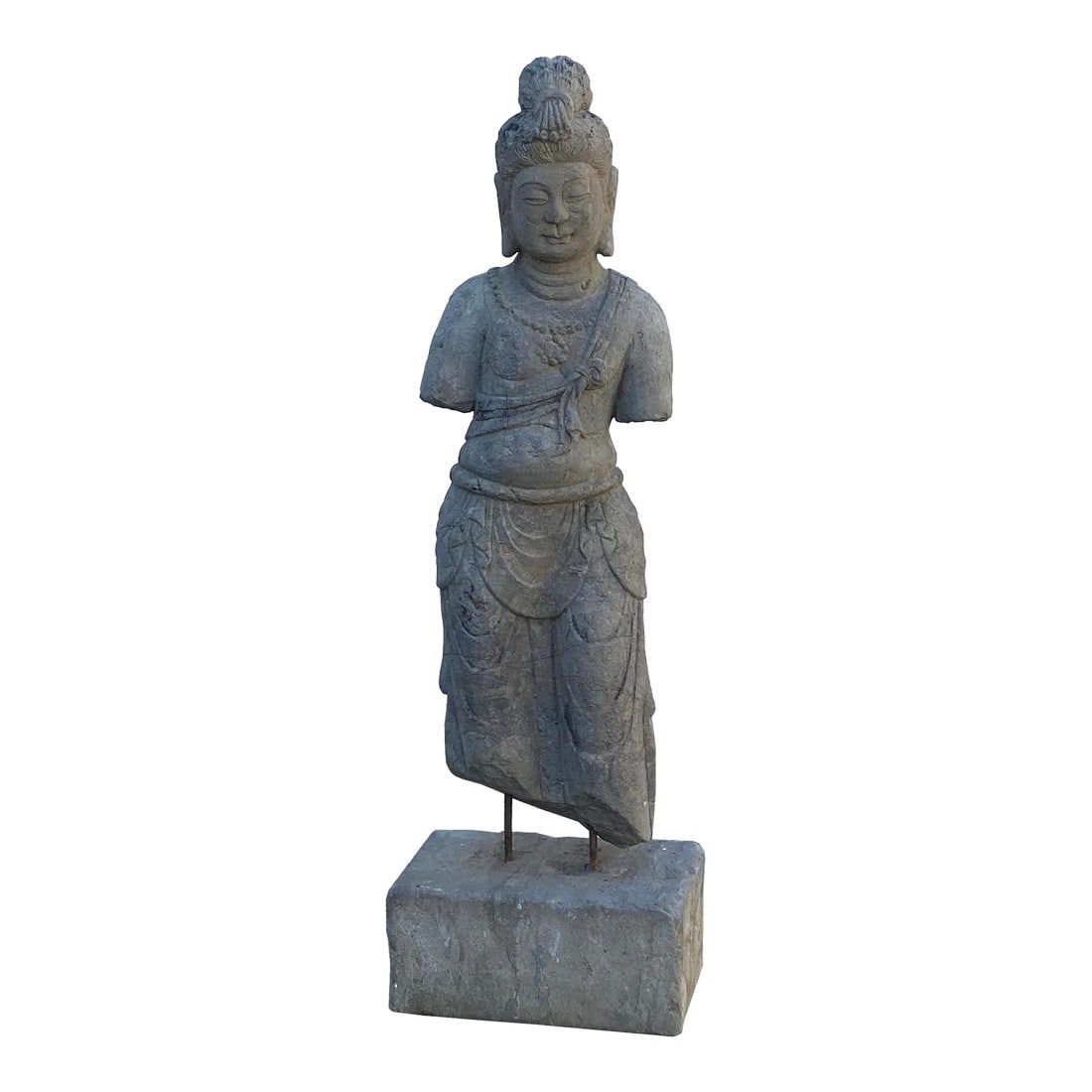 Chinese Stone Standing on Base Kwan Yin Tara Bodhisattva Statue: This is a Chinese decorative stone figure of a standing Kwan Yin, Tara, Bodhisattva with gray stone pattern color finish. It is in Chinese Tong style outlook with metal bars display stone base. 