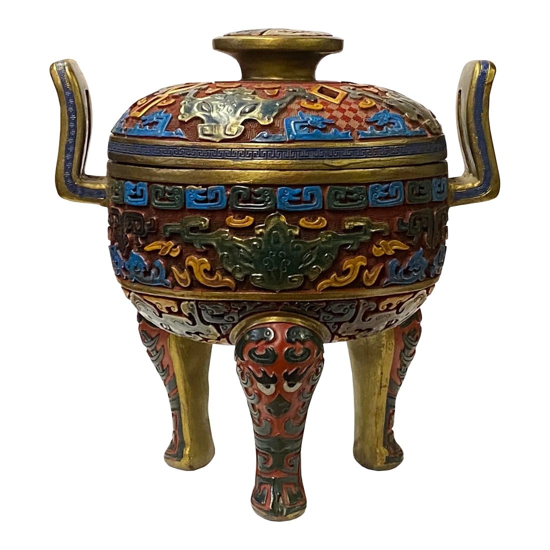 Chinese MIX Color Red Resin Lacquer Round Ding Display Art: This is a handmade Chinese accent decorative box ( in round ding shape ) made of resin lacquer mixed material. The surface is carved with a relief pattern of oriental flower and treasure pattern. 