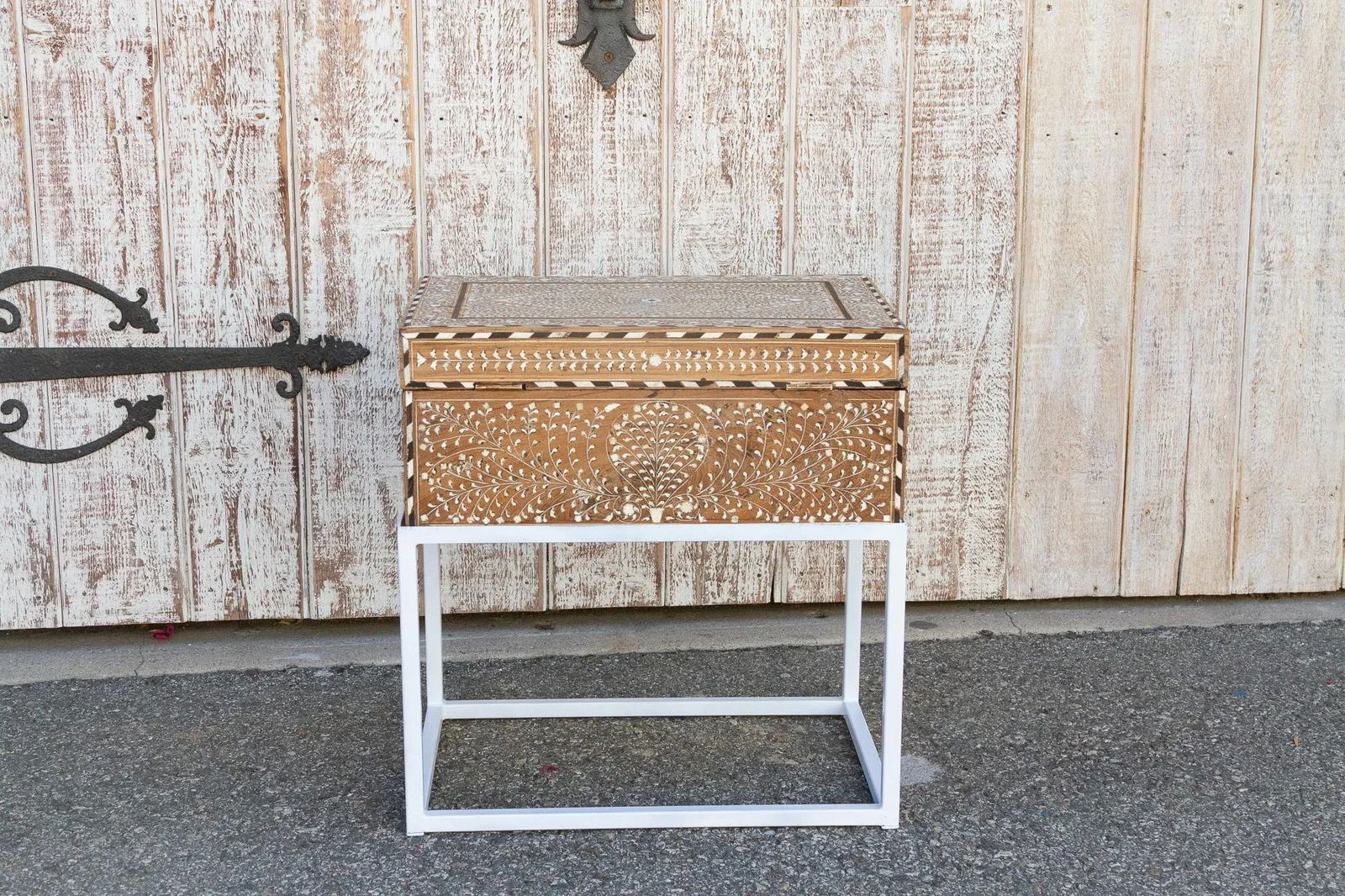 Antique Teak Inlay Box on Stand Side Table - 10