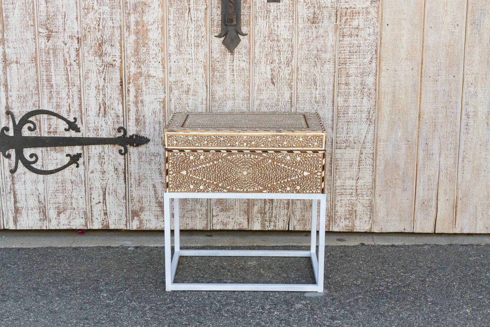 Antique Teak Inlay Box on Stand Side Table - 12