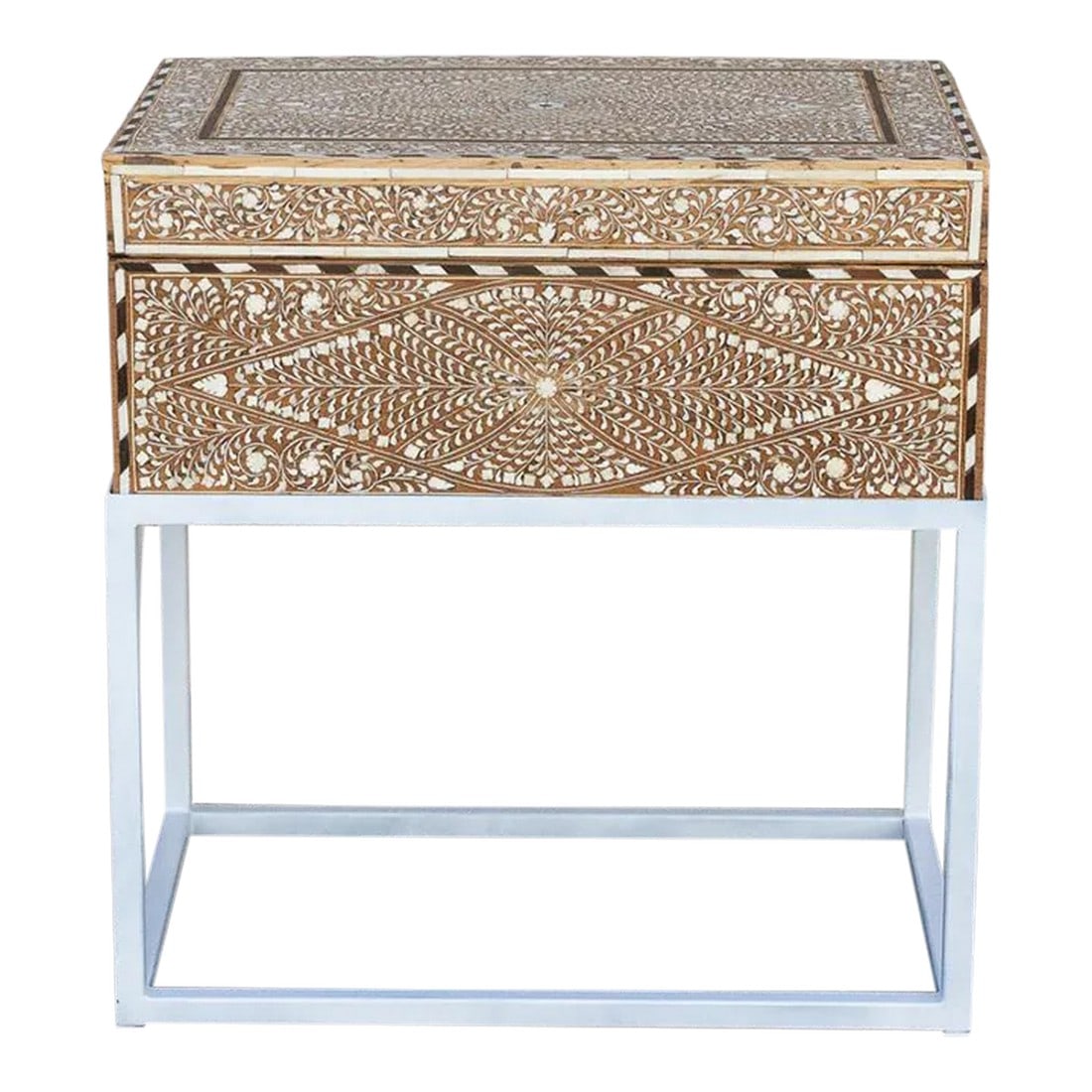 Antique Teak Inlay Box on Stand Side Table: An exquisite side or end table made from an original Anglo-Indian document box. This antique Indian box features beautiful inlay work on all sides with a natural bleached wood finish and a large cente