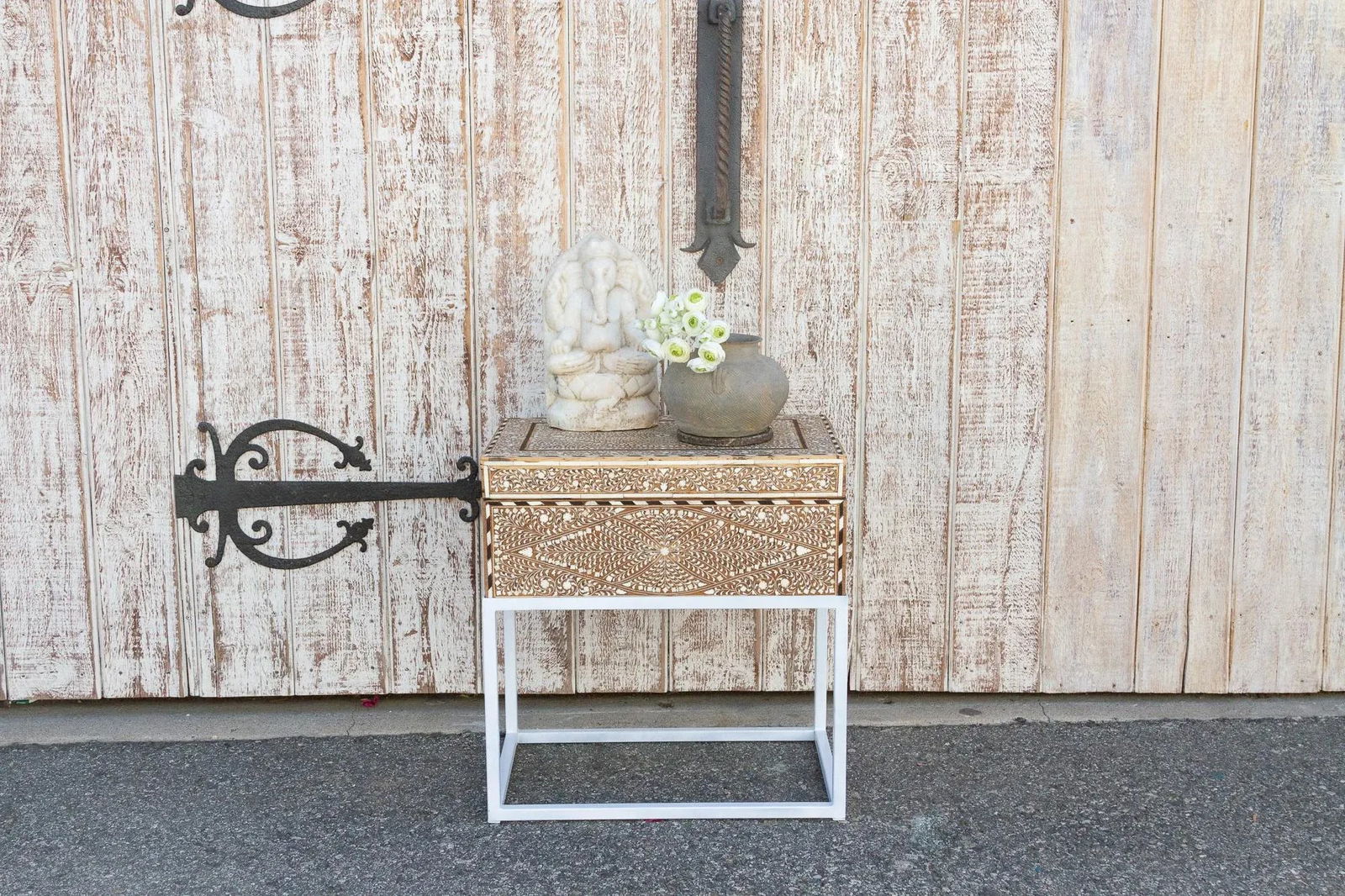 Antique Teak Inlay Box on Stand Side Table - 2