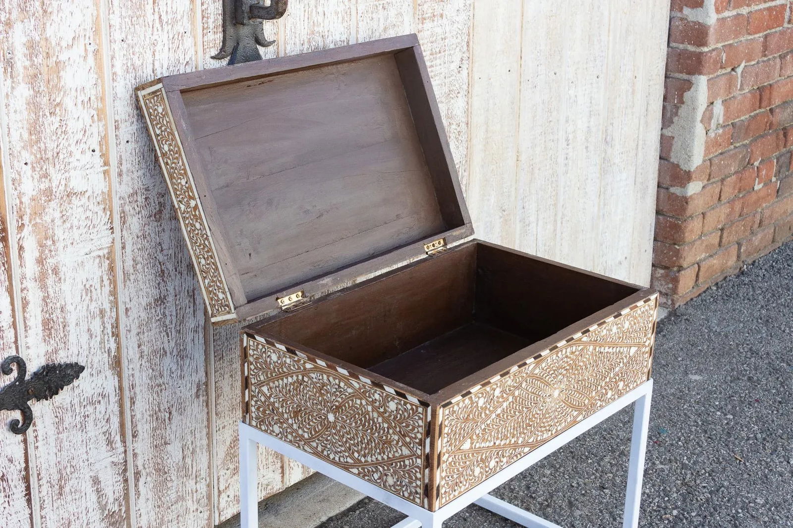 Antique Teak Inlay Box on Stand Side Table - 4