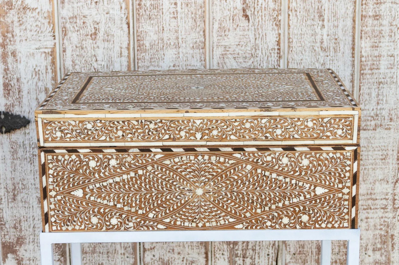 Antique Teak Inlay Box on Stand Side Table - 5
