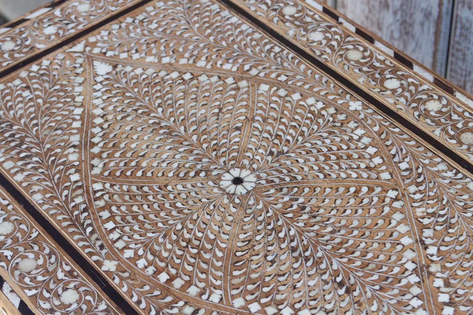 Antique Teak Inlay Box on Stand Side Table - 6