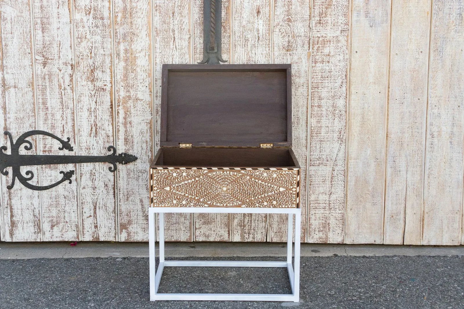 Antique Teak Inlay Box on Stand Side Table - 8