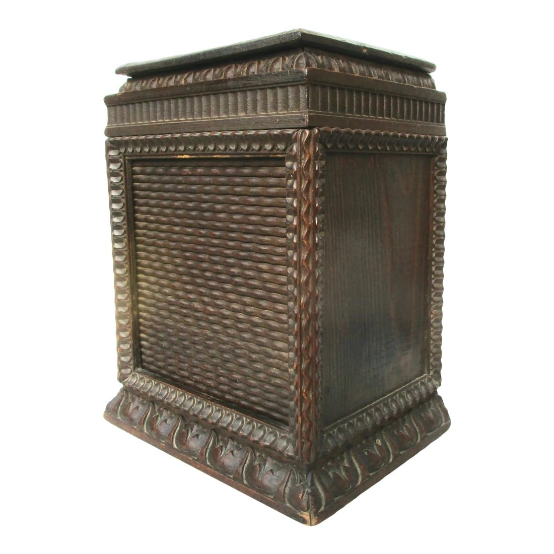 Early 20th Century Folk Art Wooden Roll-Top Storage Box: Folk art desktop storage box. Roll-top face with egg and dart wooden molding capping the top and around the base. The dark brown mission or arts and crafts styling. The interior of the bow shows the