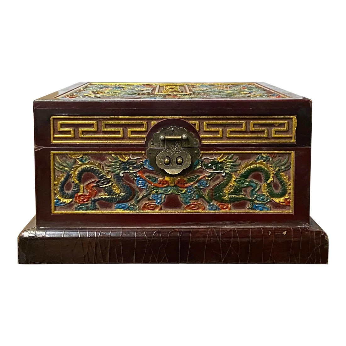 Chinese Dimensional Relief Dragon Motif Square Storage Box Chest (1 of 6)
