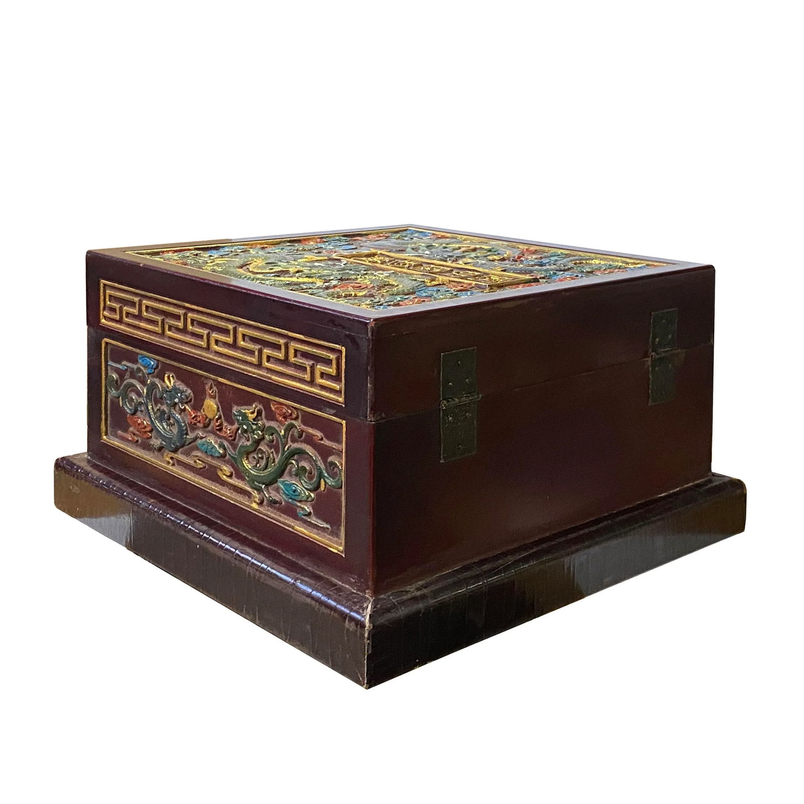 Chinese Dimensional Relief Dragon Motif Square Storage Box Chest - 4