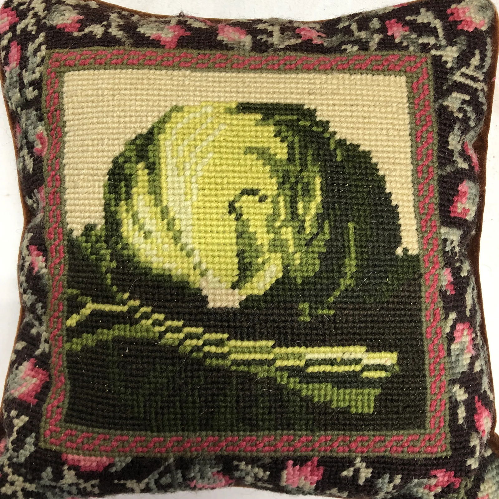 Vintage Needlepoint Pillow With Cabbage Design - 3