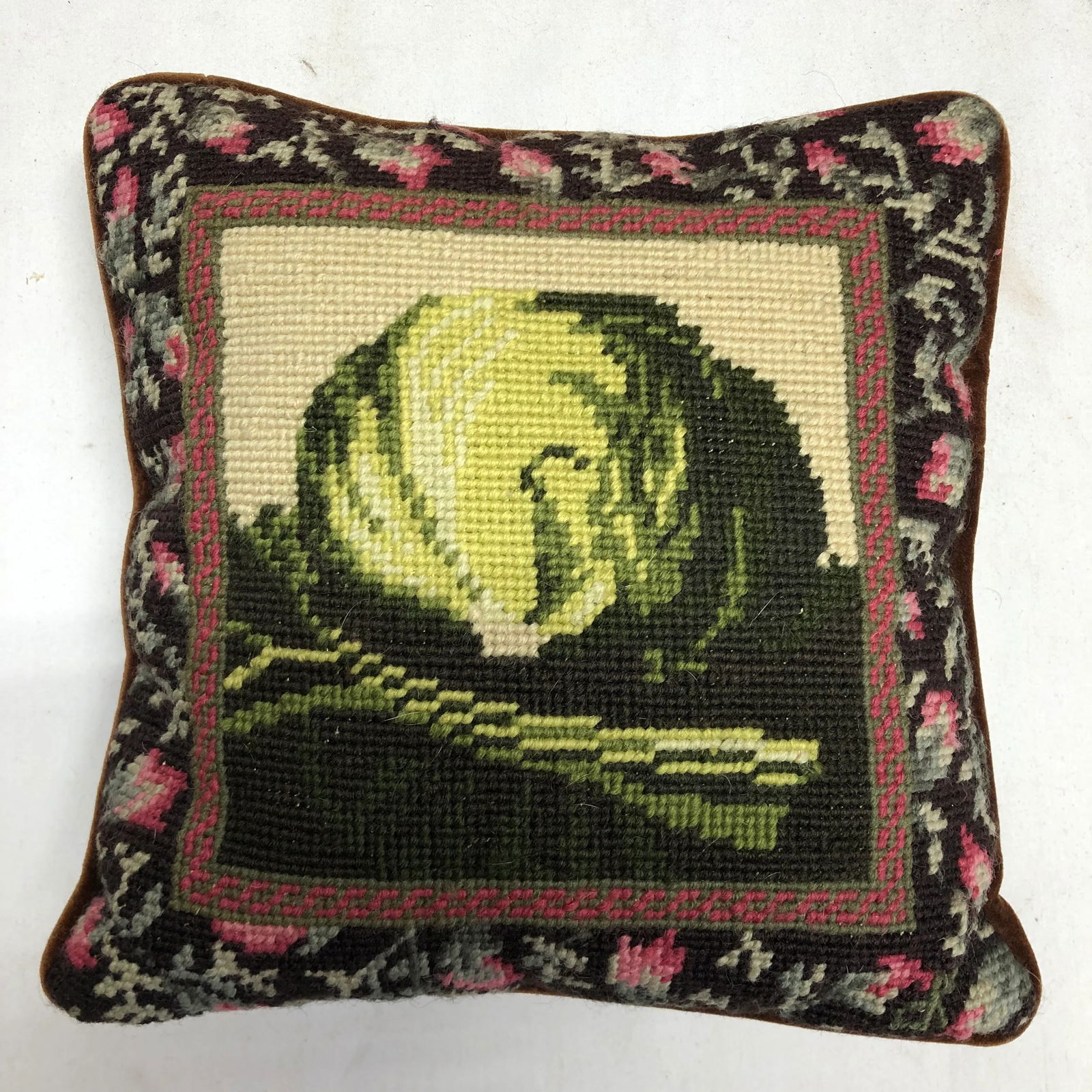 Vintage Needlepoint Pillow With Cabbage Design - 5
