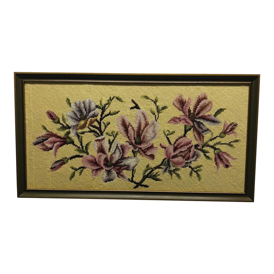 Mid Century Framed Needlepoint of Lilies: Mid Century framed needlepoint of lilies in different shades of purple. . Wood frame is gold edge with olive green inside surround. A few imperfections as with any handmade item. No stains or