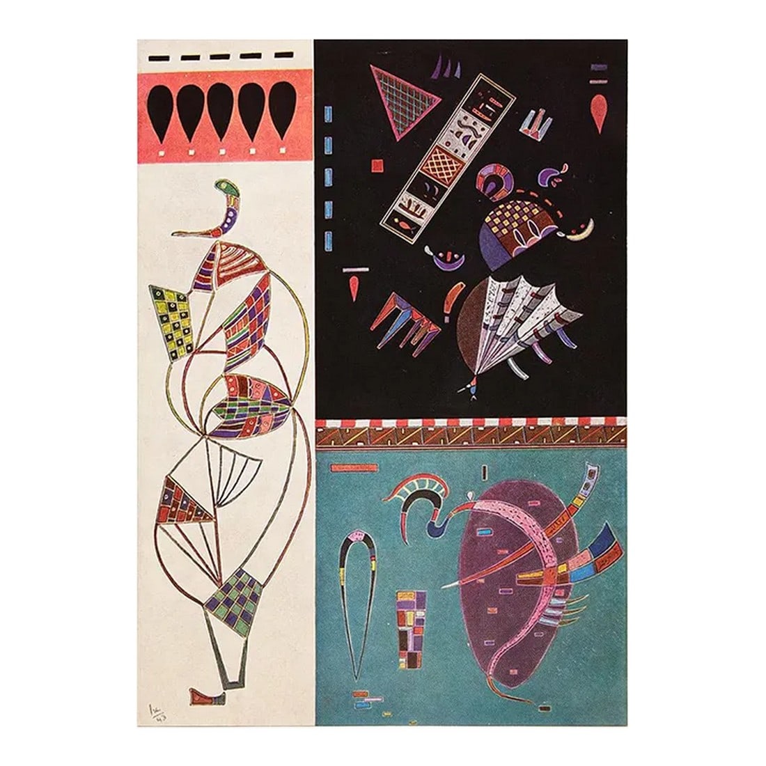 1960 After Wassily Kandinsky "Division - Unity", Vintage First Edition Full-Color Print: An excellent vintage First Edition full-color print of painting "Division - Unity" (1943) by Wassily Kandinsky (1866-1944). Printed on one side. Hand tipped-in on a board of heavy paper. Information