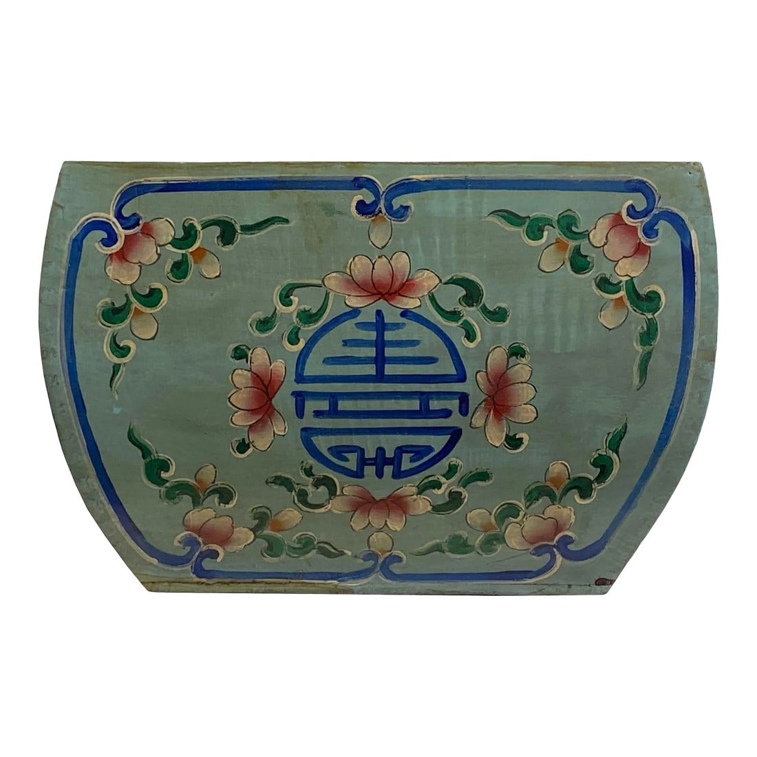 Chinese Wood Square Blue Gray Lacquer Graphic Handle Bucket: This is an oriental square shape bucket in a vintage rustic gray-blue #6F8881 lacquer finish with colorful graphics. Dimensions: 13.5" x 13.5" x h8.75" ( inside 12" x 5.5" x h8" ) Origin: China 