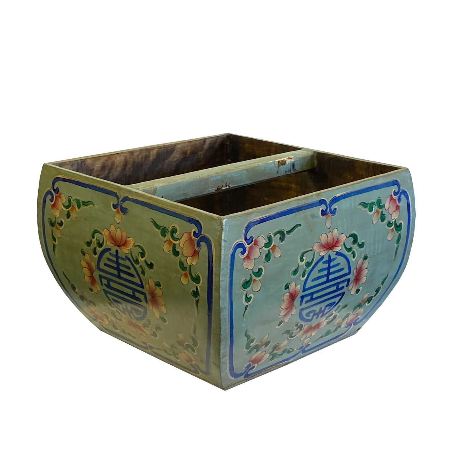 Chinese Wood Square Blue Gray Lacquer Graphic Handle Bucket - 3