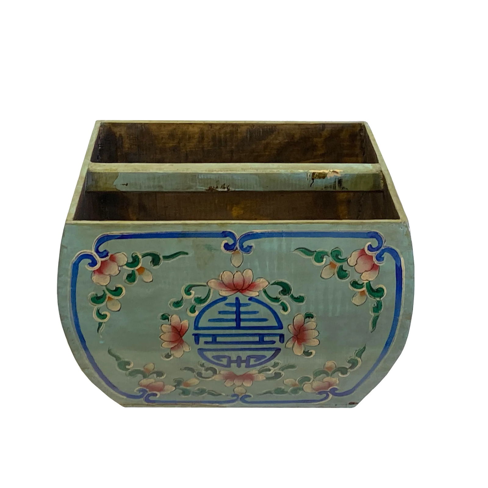 Chinese Wood Square Blue Gray Lacquer Graphic Handle Bucket - 4