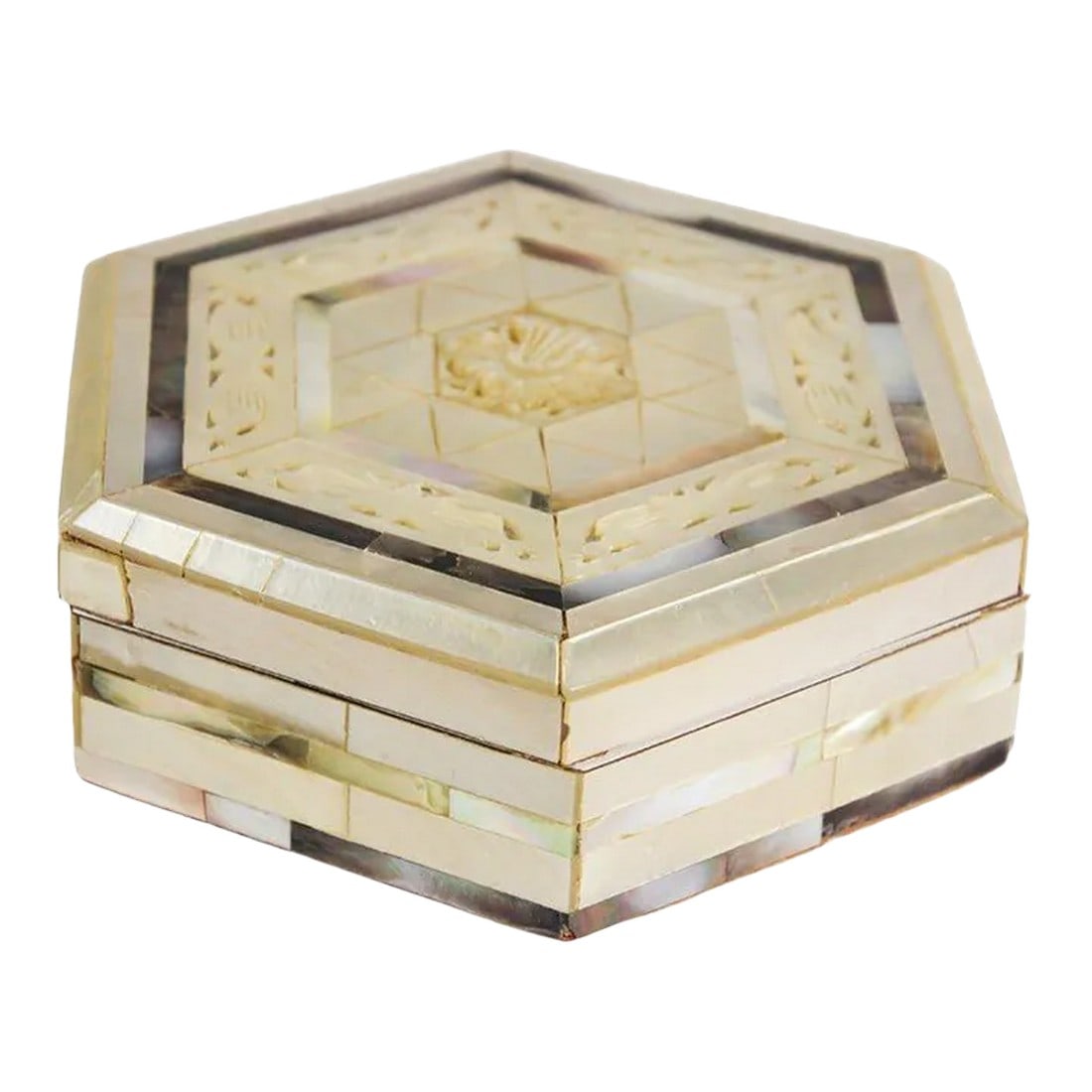 Mid 20th Century Handcrafted White Mother of Pearl Inlaid Moorish Octagonal Box: Exquisite handcrafted white mother of pearl inlaid and hand carved lidded box. Small octagonal Anglo Indian decorative box intricately decorated with Moorish motif designs which have been