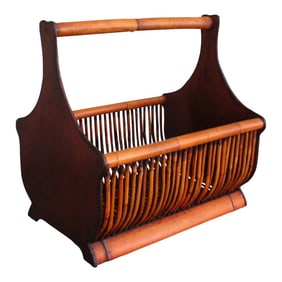 Vintage Large Faux Bamboo Magazine Rack Basket With Wooden Ends and Flat Base