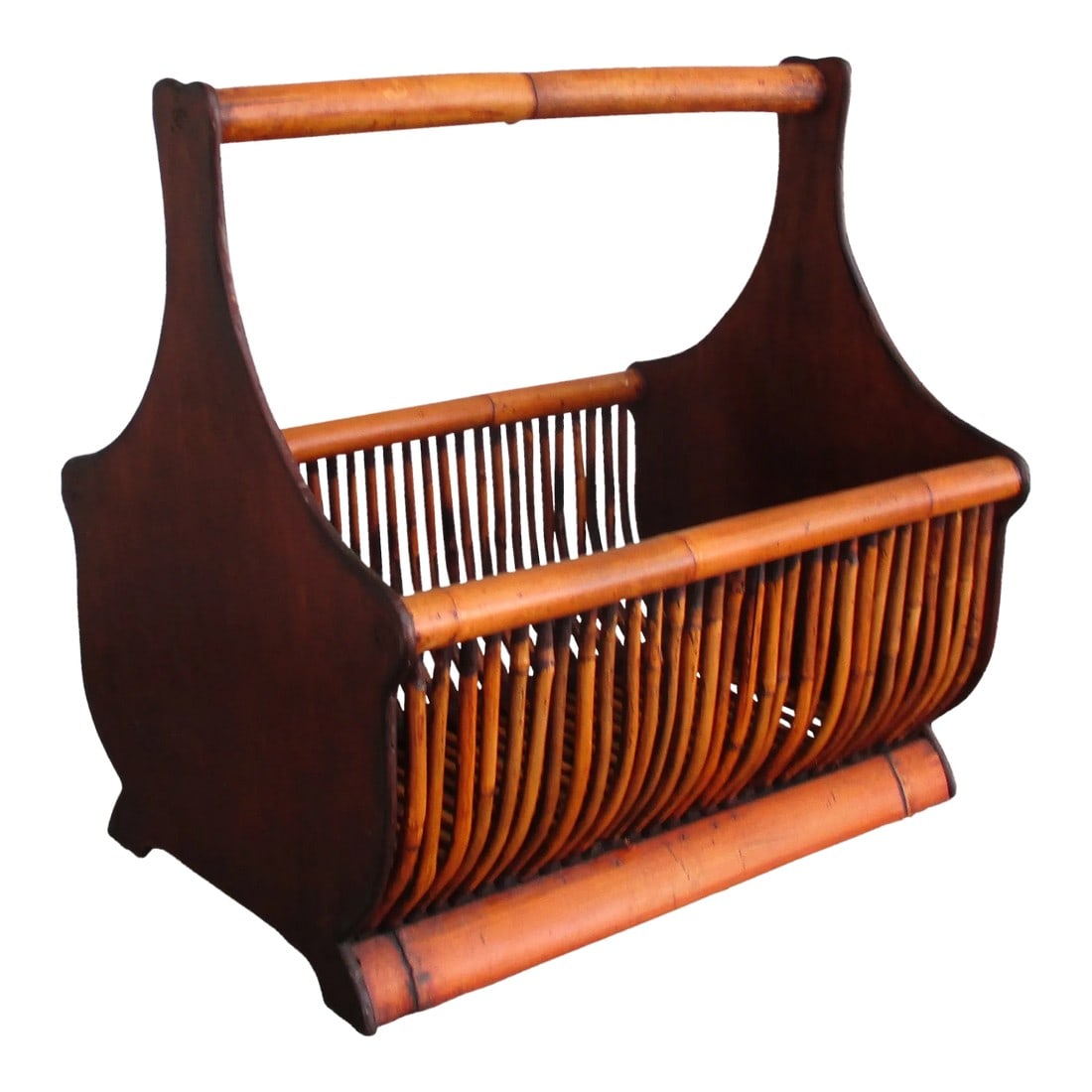 Vintage Large Faux Bamboo Magazine Rack Basket With Wooden Ends and Flat Base (1 of 12)