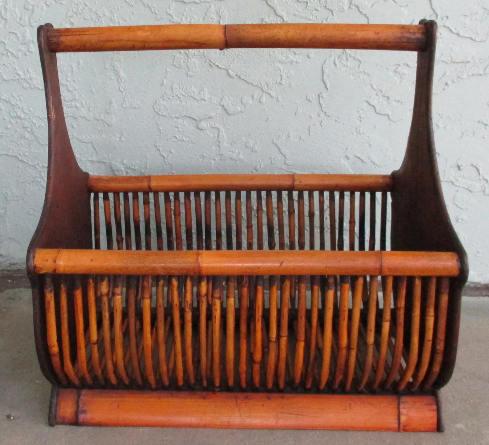 Vintage Large Faux Bamboo Magazine Rack Basket With Wooden Ends and Flat Base - 2
