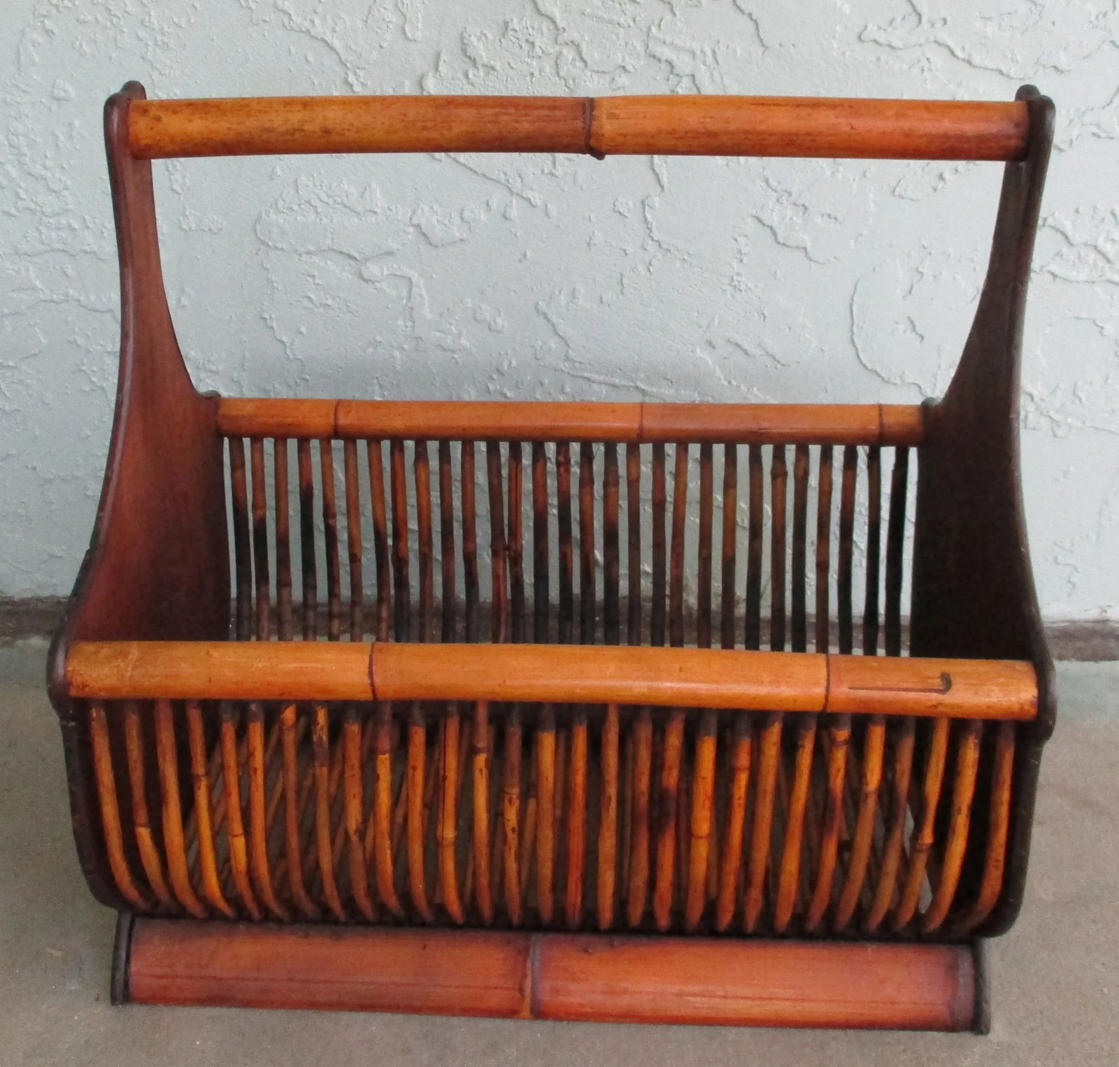 Vintage Large Faux Bamboo Magazine Rack Basket With Wooden Ends and Flat Base - 3