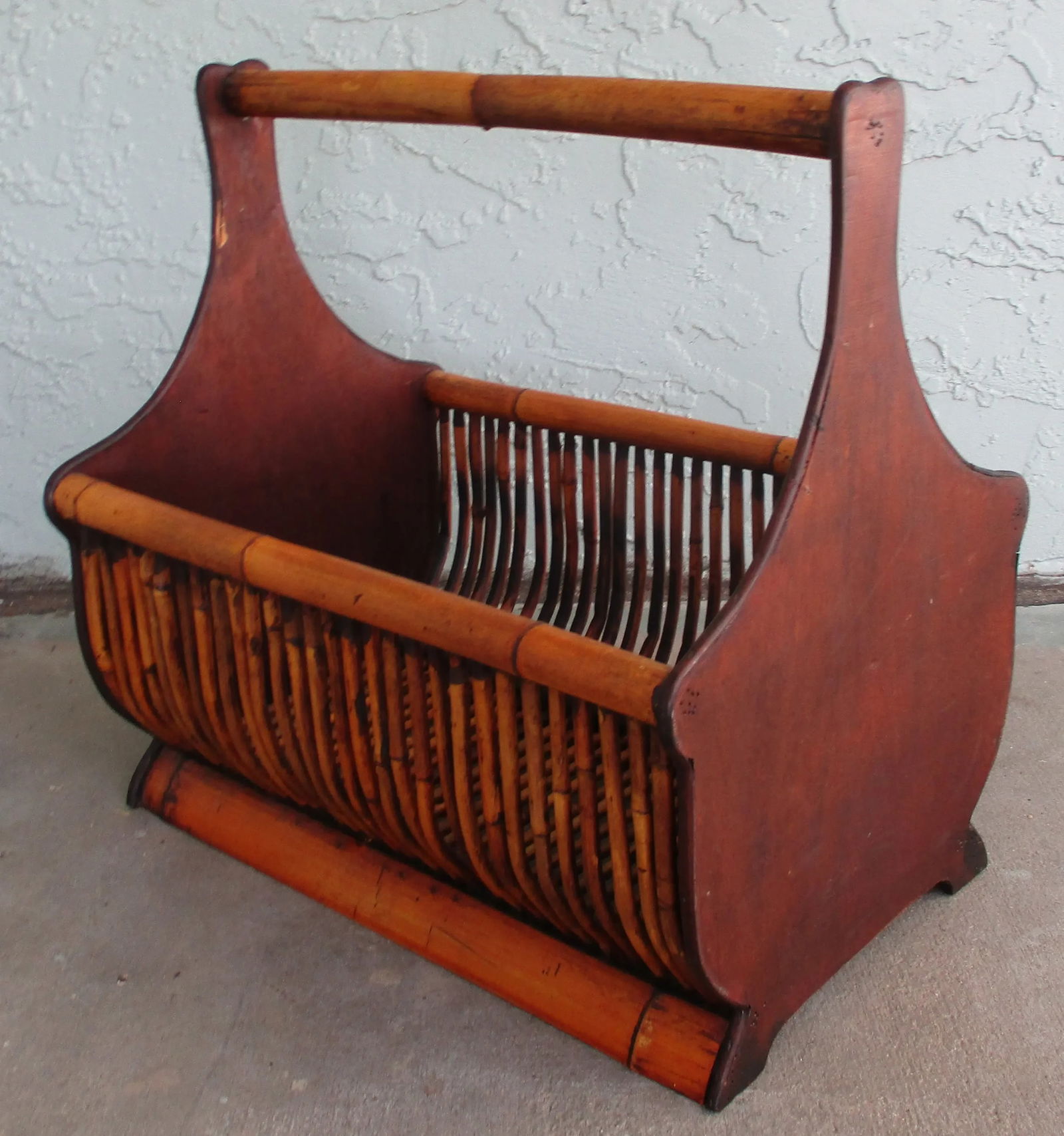 Vintage Large Faux Bamboo Magazine Rack Basket With Wooden Ends and Flat Base - 4