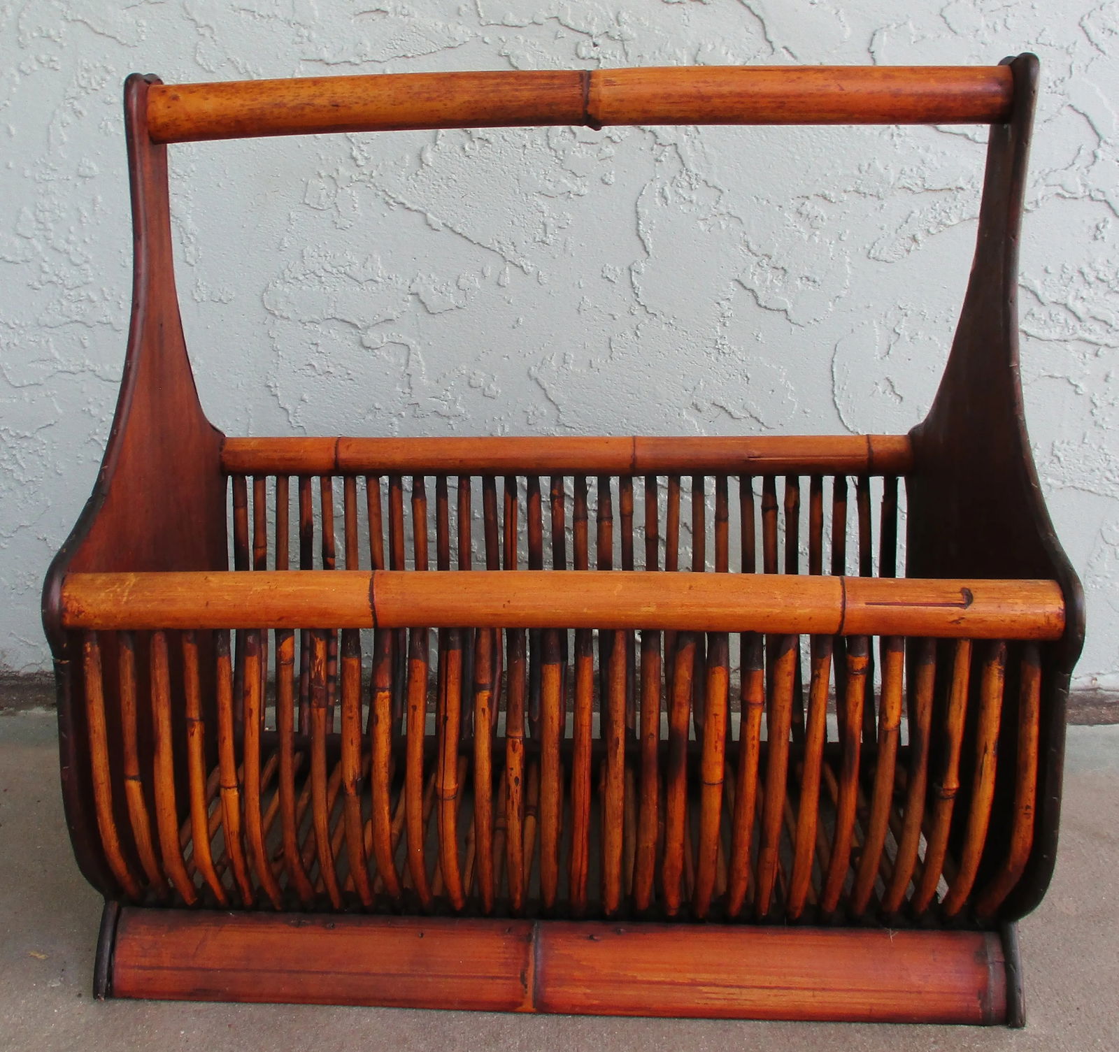 Vintage Large Faux Bamboo Magazine Rack Basket With Wooden Ends and Flat Base - 5