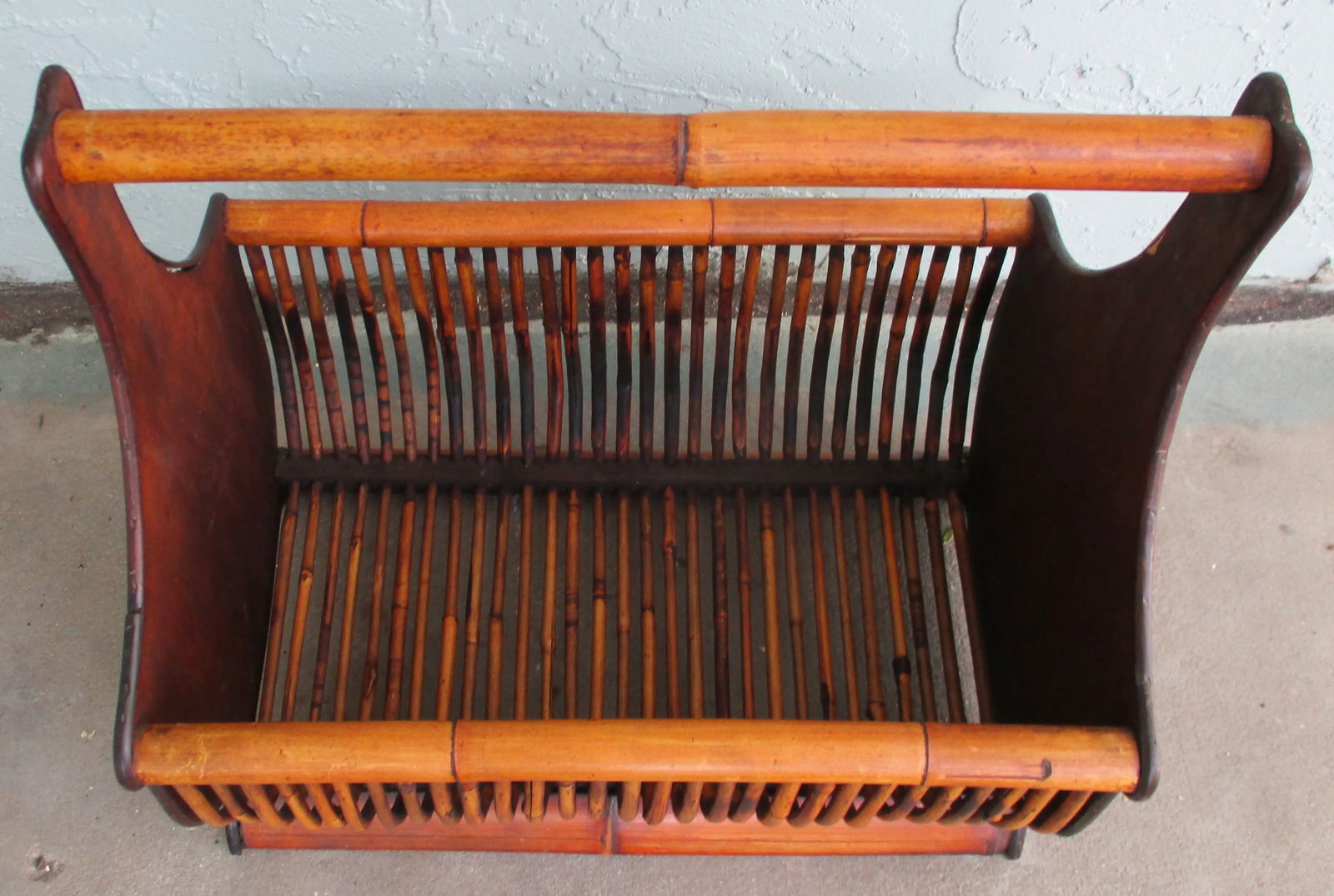Vintage Large Faux Bamboo Magazine Rack Basket With Wooden Ends and Flat Base - 6