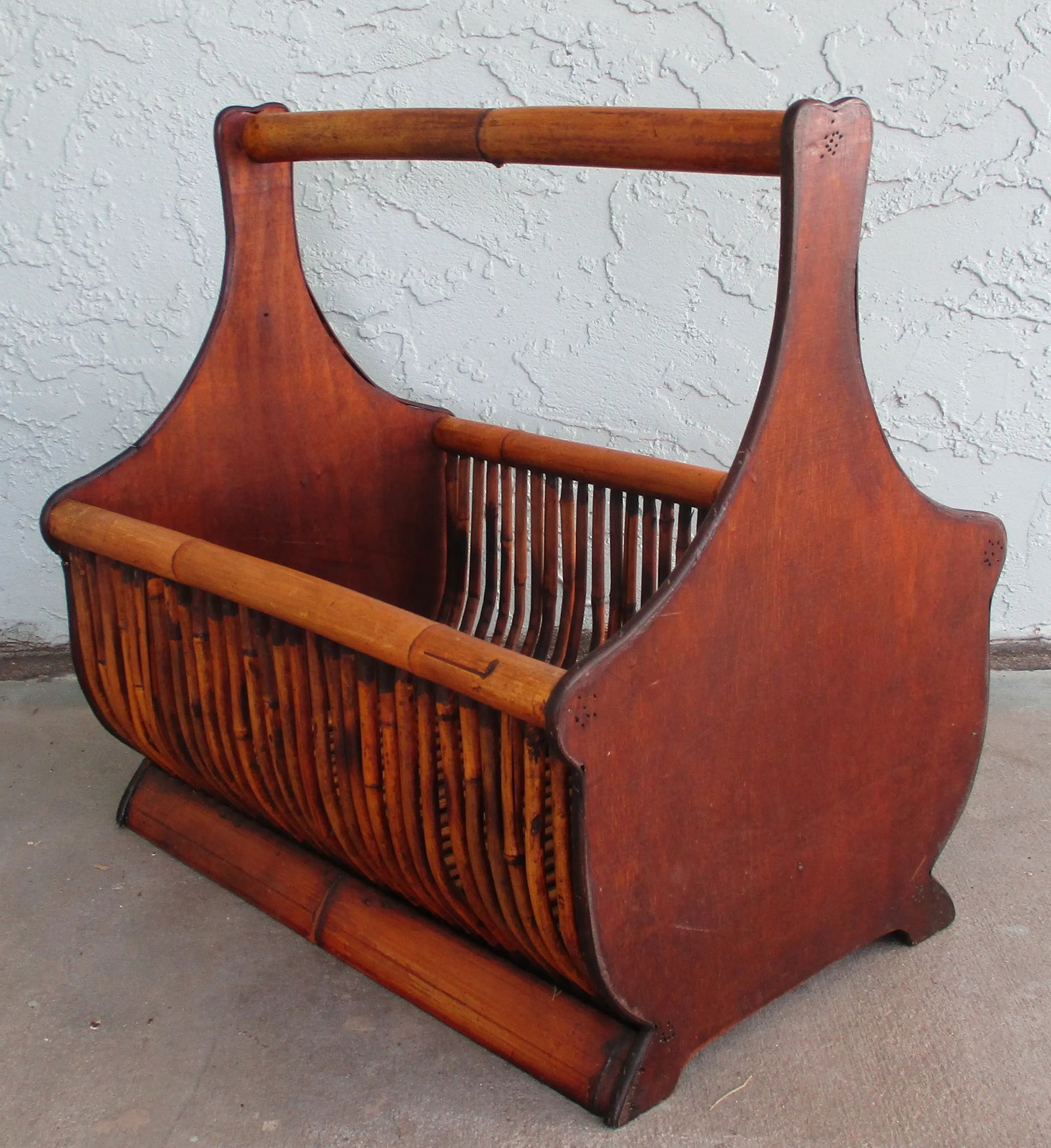 Vintage Large Faux Bamboo Magazine Rack Basket With Wooden Ends and Flat Base - 7