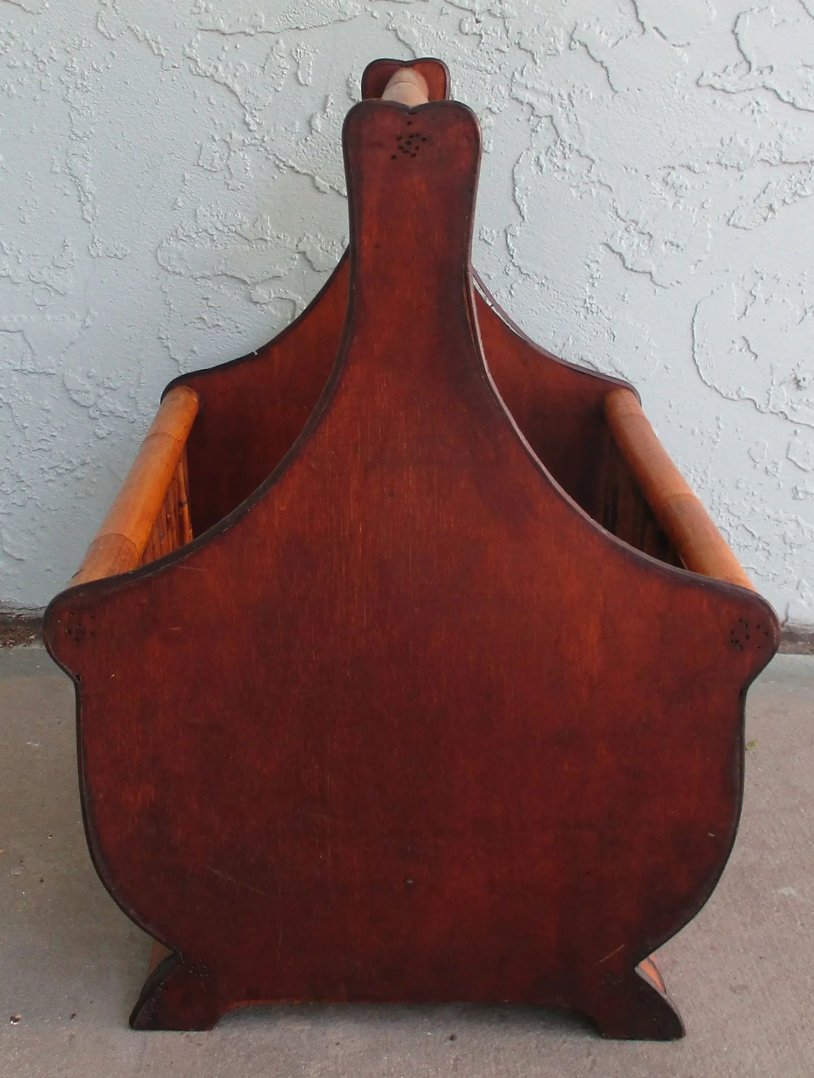Vintage Large Faux Bamboo Magazine Rack Basket With Wooden Ends and Flat Base - 9