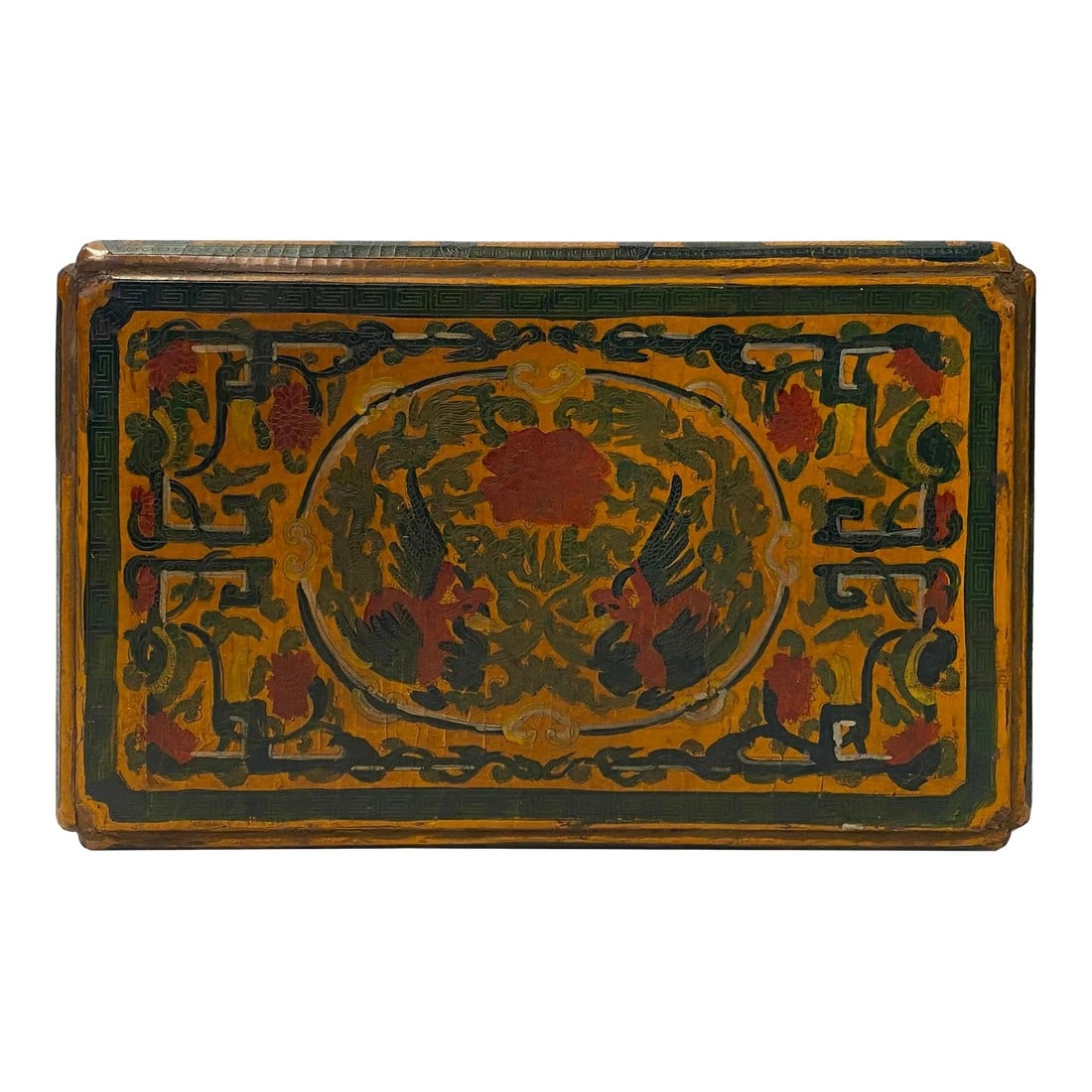 Chinese Distressed Yellow Phoenix Graphic Rectangular Shape Box: This is a handmade Chinese accent decorative box made of wood and finished with a distressed yellow base color. The surface is a colorful graphic of Qing Dynasty style motifs. It is a production with