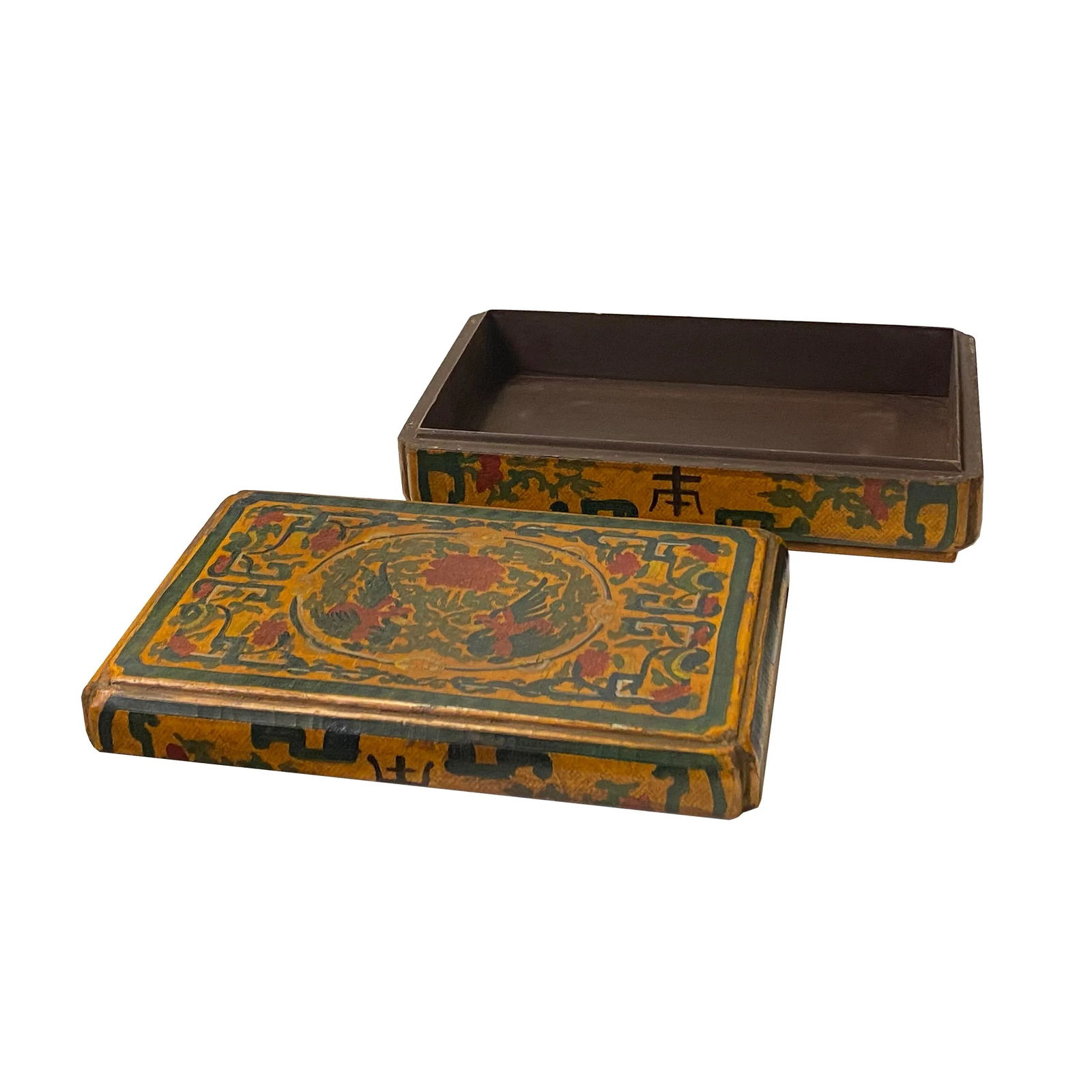Chinese Distressed Yellow Phoenix Graphic Rectangular Shape Box - 4