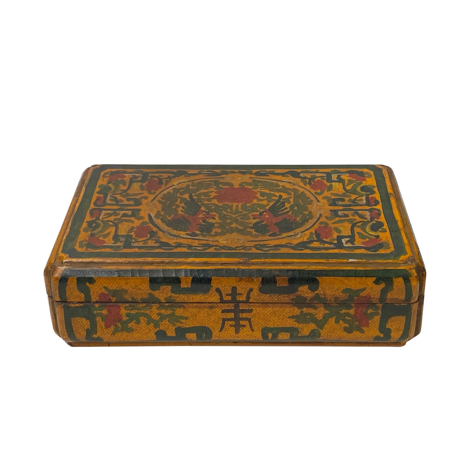 Chinese Distressed Yellow Phoenix Graphic Rectangular Shape Box - 5