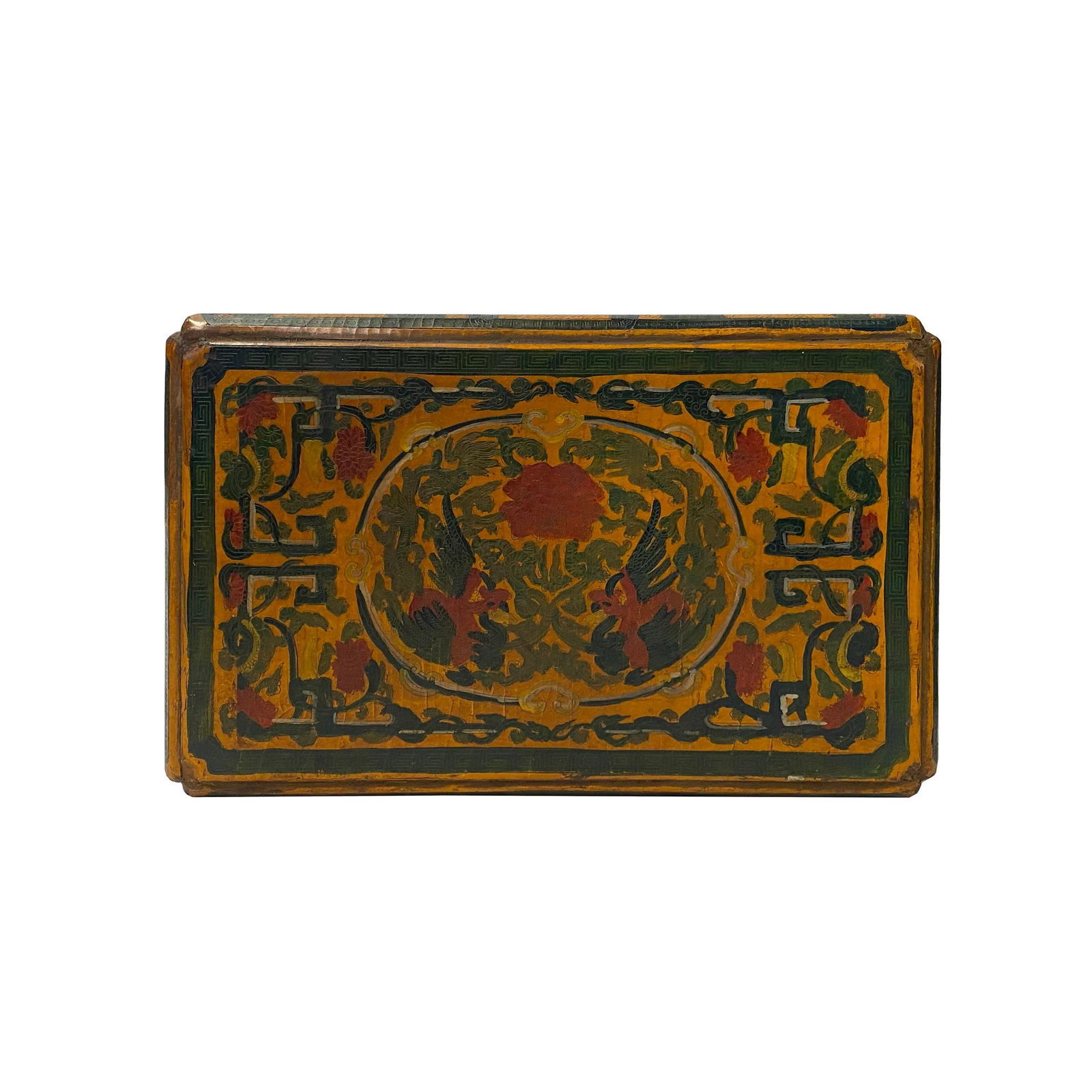 Chinese Distressed Yellow Phoenix Graphic Rectangular Shape Box - 8