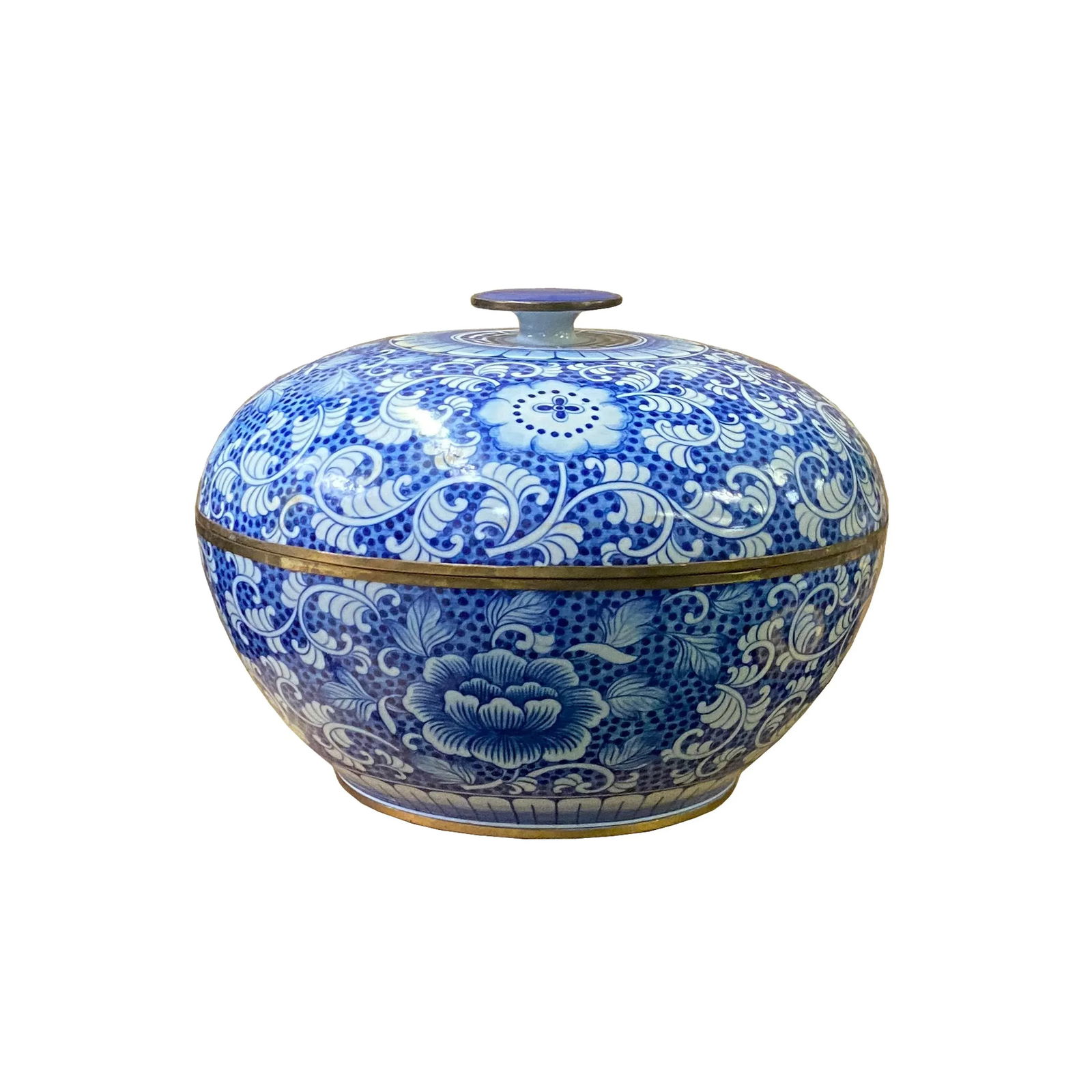 Vintage Blue White Porcelain Floral Pattern Accent Round Box Display - 8