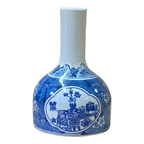 Chinese Blue White Porcelain Fat Base Flowers Graphic Small Vase - Set of 2