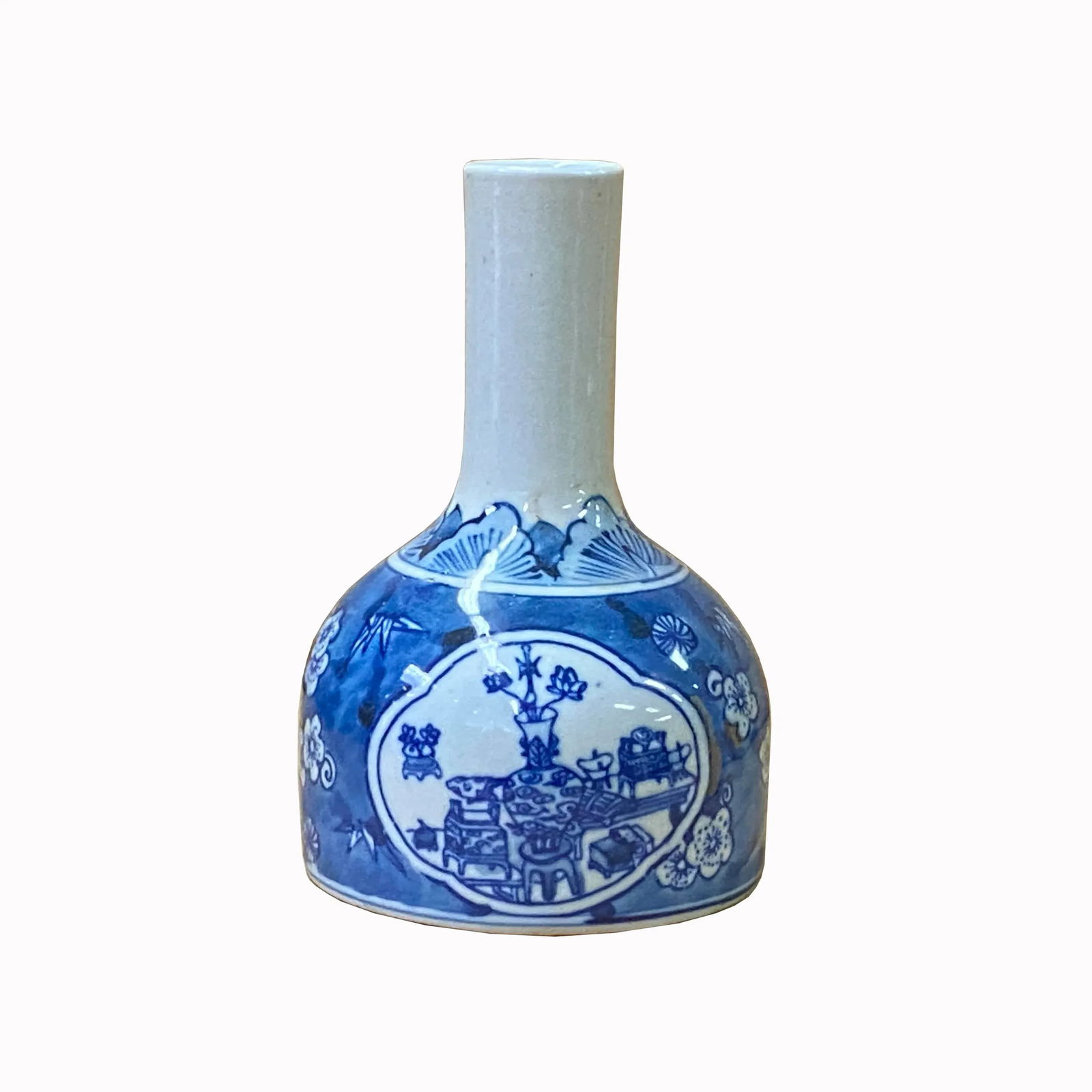 Chinese Blue White Porcelain Fat Base Flowers Graphic Small Vase - Set of 2 - 5