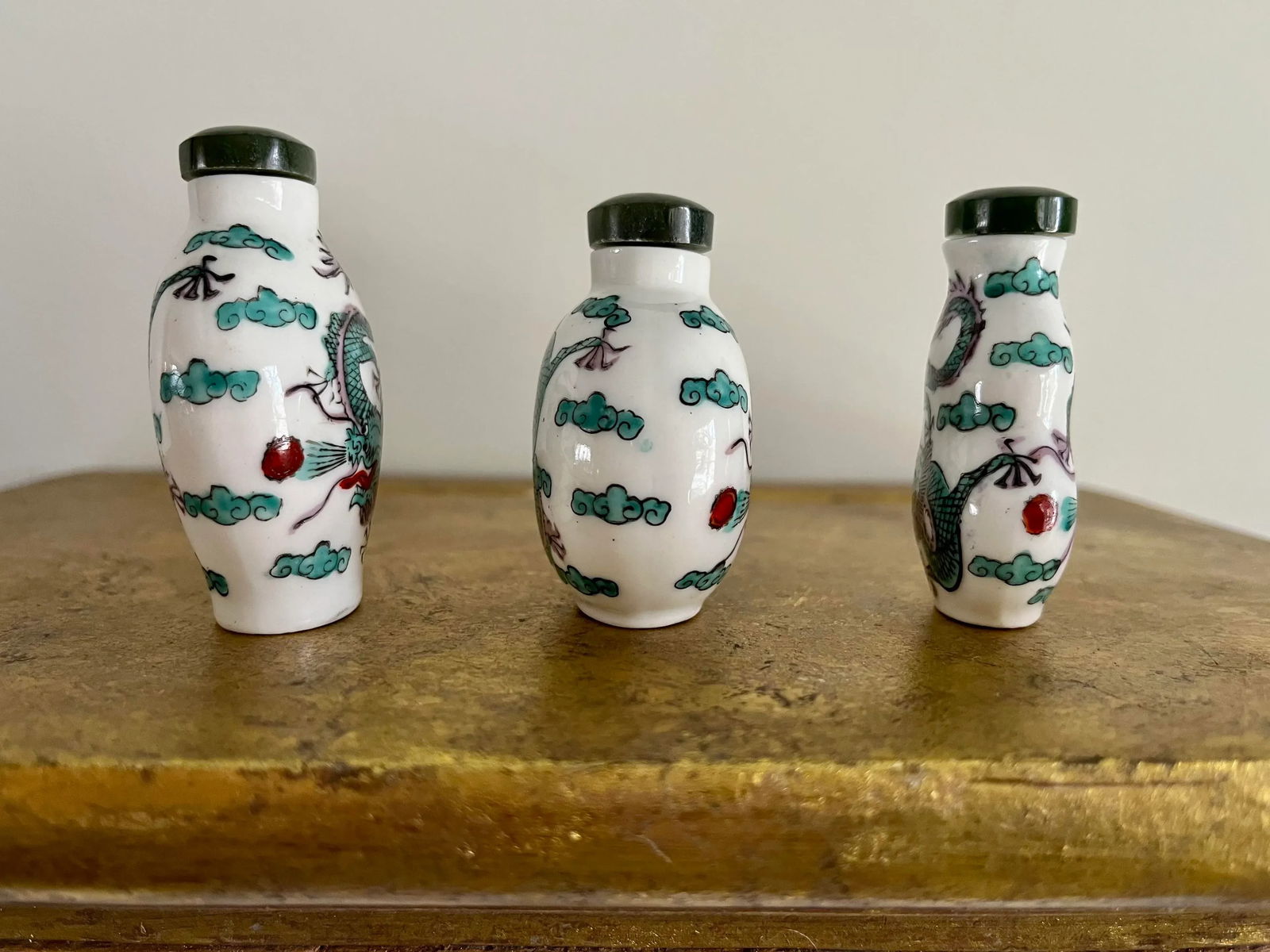 Vintage Chinoiserie Chinese Dragon Porcelain Snuff Bottles - Set of 3 - 2