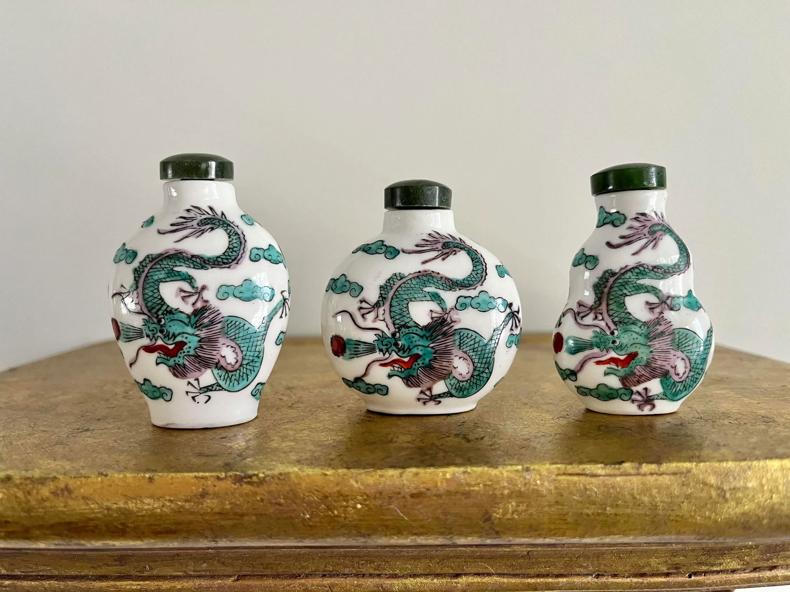 Vintage Chinoiserie Chinese Dragon Porcelain Snuff Bottles - Set of 3 - 3