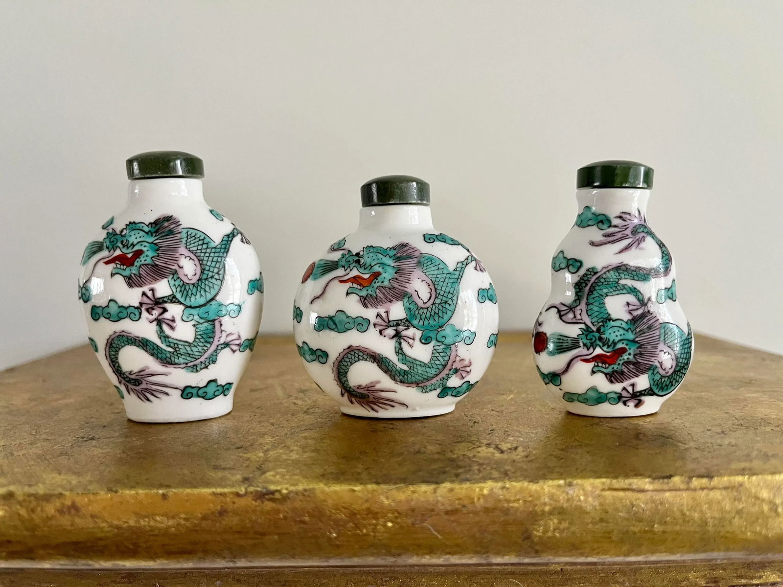 Vintage Chinoiserie Chinese Dragon Porcelain Snuff Bottles - Set of 3 - 8