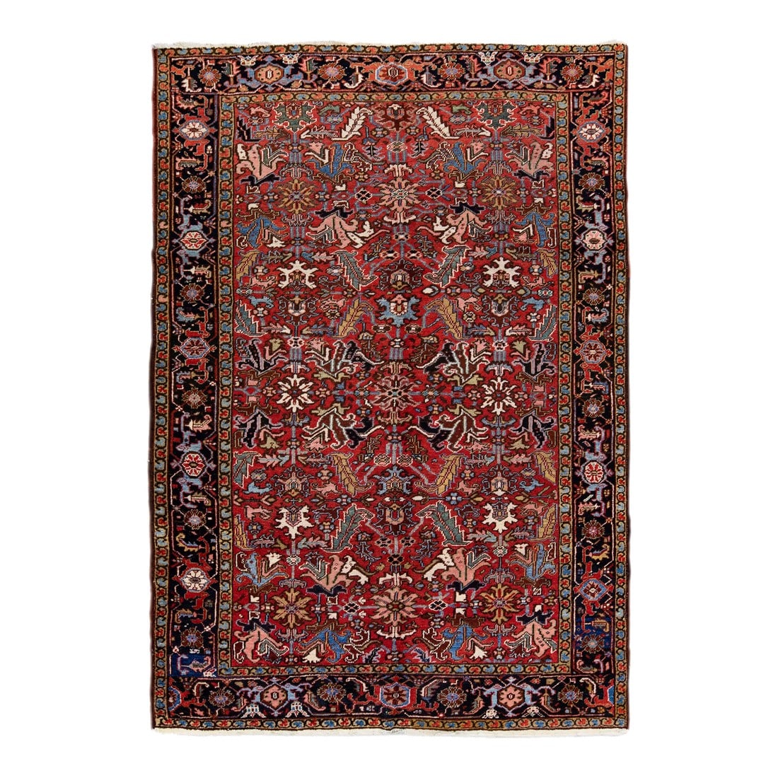 Antique Persian Heriz Handmade Allover Pattern Red Wool Rug: Beautiful antique Heriz Serapi hand-knotted wool rug with a red field. This Heriz rug has a navy-blue designed frame and multi-color accents in a gorgeous all-over floral design. This rug measures: