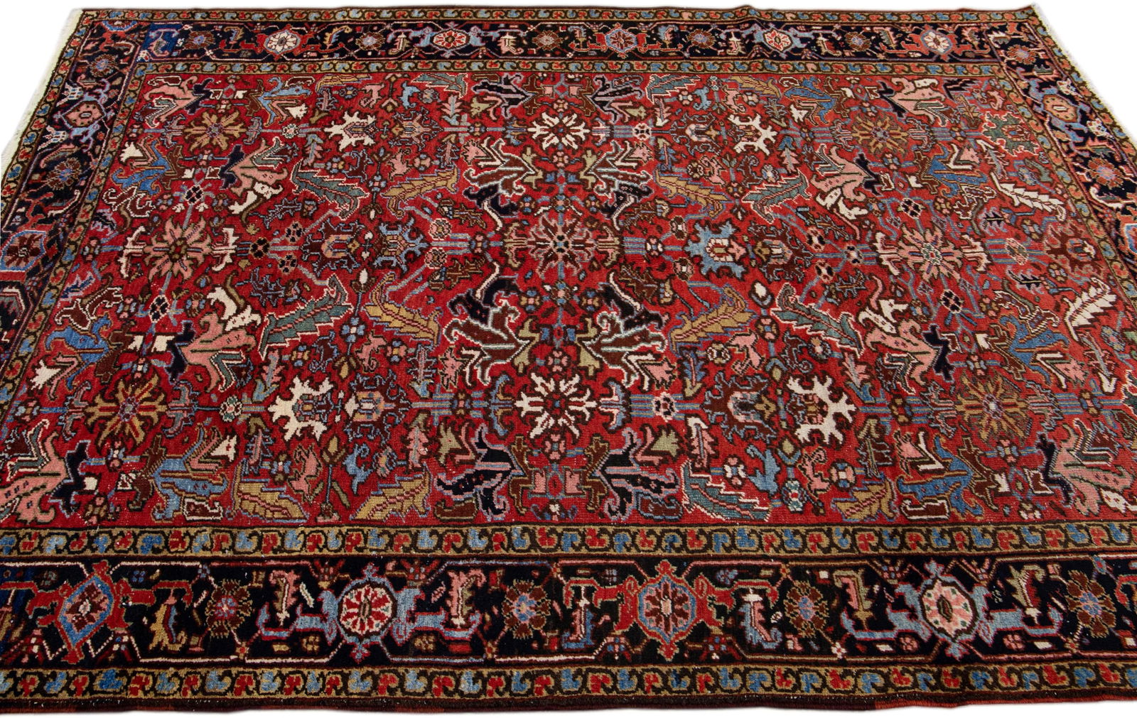 Antique Persian Heriz Handmade Allover Pattern Red Wool Rug - 7